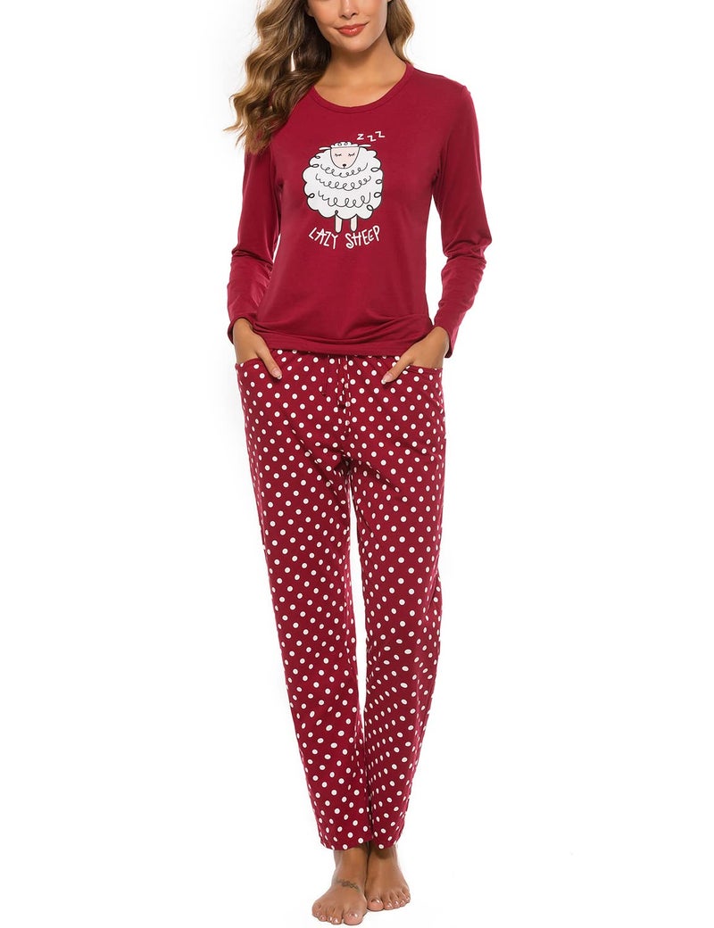 EISHOPEER Women's Pajama Set Sheep Printed Long Sleeve Sleepwear Pjs Sets with Pocket Wine Red L - Image 1